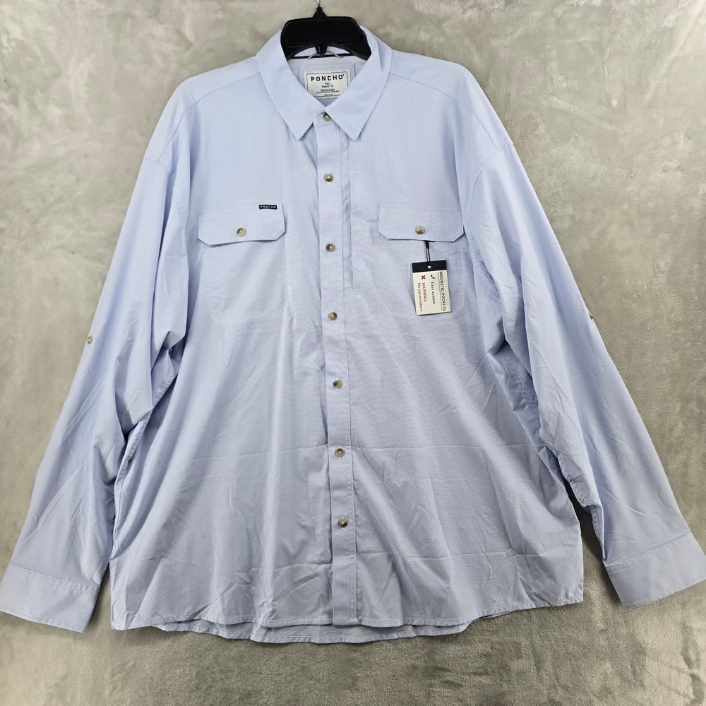 Poncho Outdoors Shirt Mens XXL Blue Microgrid Magnetic Pockets Regular Fit